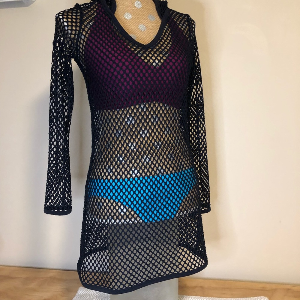 Long Sleeve Hooded See-through Mesh Coverup